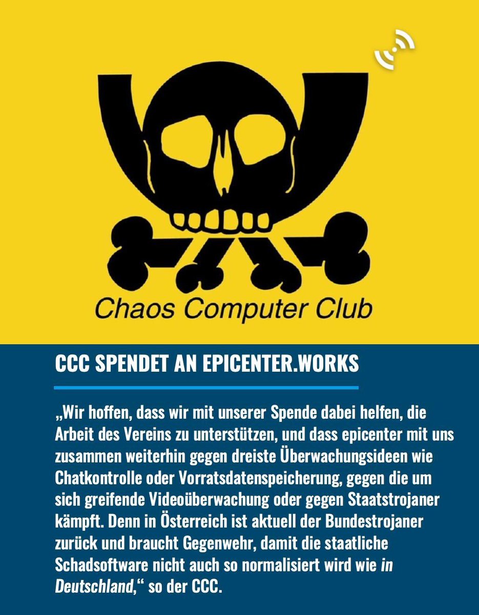 epicenter_works's tweet image. ❤️lichen Dank an den legendären Chaos Computer Club (CCC) für die großzügige Spende von 15.000 € zu unserem 15-jährigen Jubiläum! Eure Unterstützung stärkt Kampf für Datenschutz, Netzfreiheit &amp;amp; digitale Grundrechte – gemeinsam sind wir stärker. #Danke 
👉 ccc.de/de/updates/202…