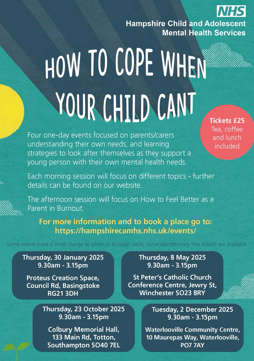 HANTS_CAMHS's tweet photo. Calling all parents/carers supporting a child with their mental health CAMHS have a day just for U A day 2 understand U R not alone  others R in similar situations A day 2 understand how 2 look after U &amp; manage burnout Book your place today
some discretionary tickets available https://t.co/kPtcD7Mel0
