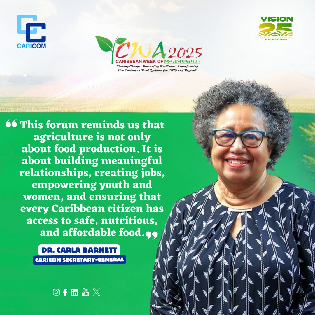 A CARICOM flagship  forum, Caribbean Week of Agriculture, opens today in beautiful St Kitts and Nevis 🇰🇳. #CWA2025 will feature an organic market, sargassum seminar, a honey show,  technical exhibitions and exchanges of innovations in climate-smart agriculture.    Read more here: