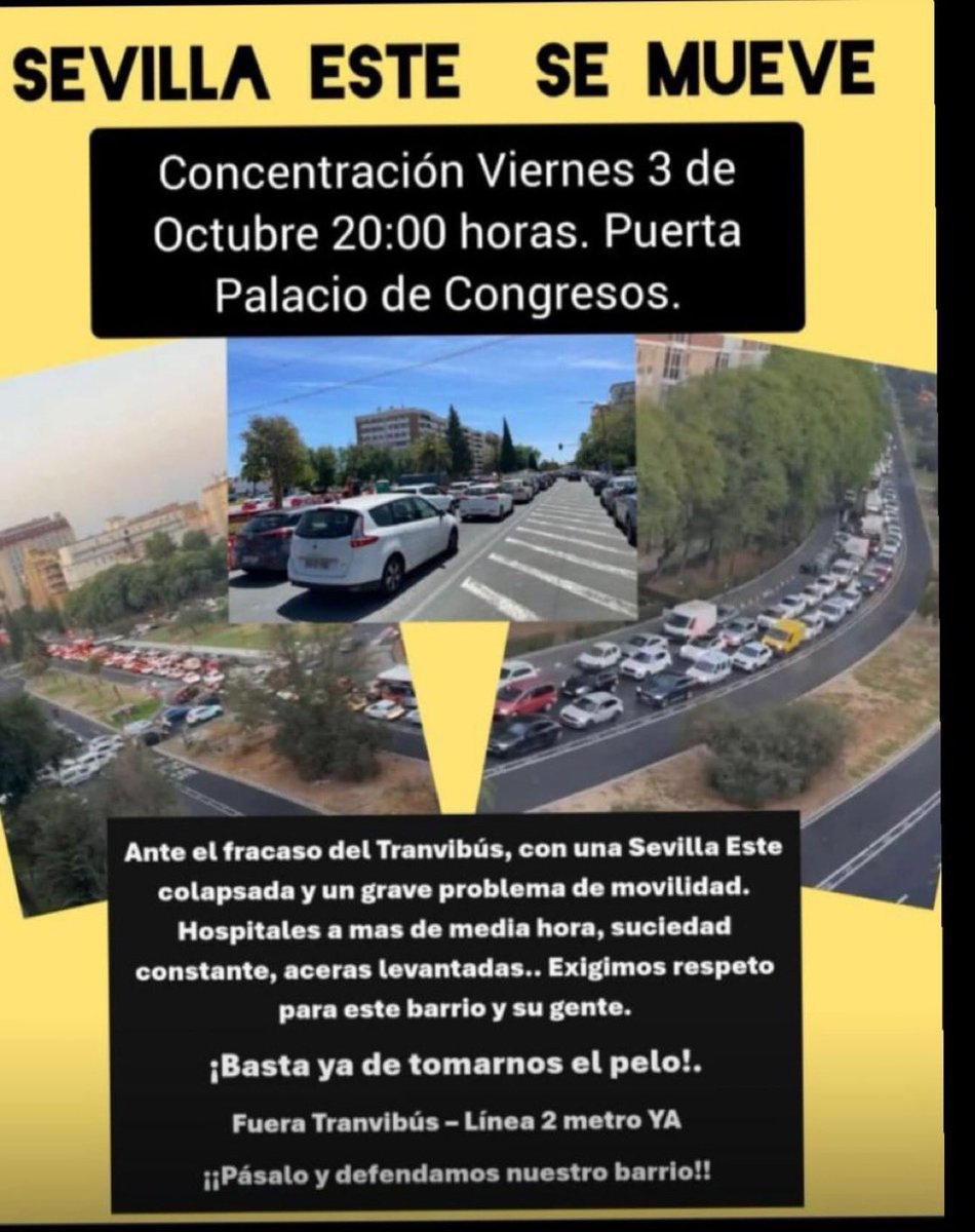 🚨🚇El próximo viernes 3 de octubre los ciudadanos de Sevilla Este tiene que salir a la calle a reclamar el metro que tanto necesitan. Es inconcebible que al distrito más poblado y que más crece de la ciudad siga sin metro y que se le esté dando gato por liebre con el Tranvibús👇🏻