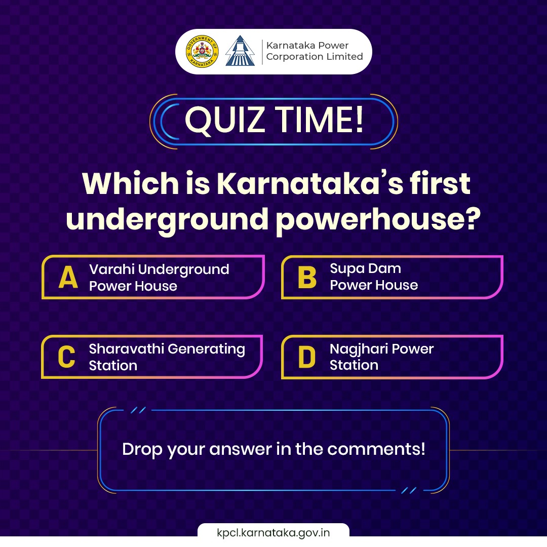"Karnataka is home to iconic power projects ⚡ But can you guess which one was the state’s first underground powerhouse? 🤔
Drop your answer in the comments below! ⬇️"

<a href="/EnergyDeptGoK/">Energy Department Government of Karnataka</a>  <a href="/KJGeorgeOffice/">Office Of KJ George</a>  <a href="/kptcl_official/">Karnataka Power Transmission Corporation Limited</a>  <a href="/NammaBESCOM/">Namma BESCOM | ನಮ್ಮ ಬೆಸ್ಕಾಂ</a>