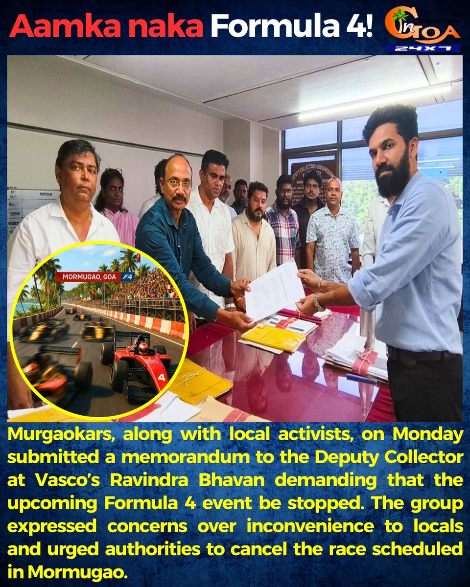 InGoa24x7's tweet photo. Murgaokars, along with local activists, on Monday submitted a memorandum to the Deputy Collector at Vasco’s Ravindra Bhavan demanding that the upcoming Formula 4 event be stopped.
#Goa #GoaNews #Formula4 #Memorandum #LocalActivists https://t.co/KLZbpsdrkg
