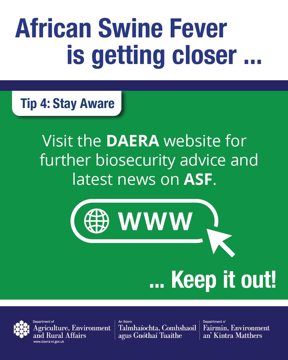 daera_ni's tweet photo. ⚠️STAY AWARE: African Swine Fever is getting closer⚠️
🔗For biosecurity advice and the latest news on ASF, visit: https://t.co/RS0sq40cWr
#KeepItOut
@nidirect @RuralSupport @Hsenigov @LMCNI @AFBI_NI @DiscoverCAFRE @UFUHQ @NICAWGroup @NiVetSpecialist @infoVetNI @animalhealthni https://t.co/iGCbfhMPkr