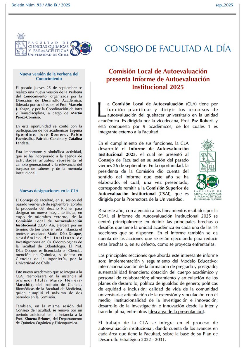 faciqyf's tweet photo. Dejamos  a disposición de la comunidad universitaria el Boletín "Consejo de Facultad al Día" Nº93 @QuimicaUdeChile @uchile 
#FaCiQyF #FaCiQyF #80añosFaCiQyF 

https://t.co/tdyFEGM6Zj https://t.co/8lliPur0KC