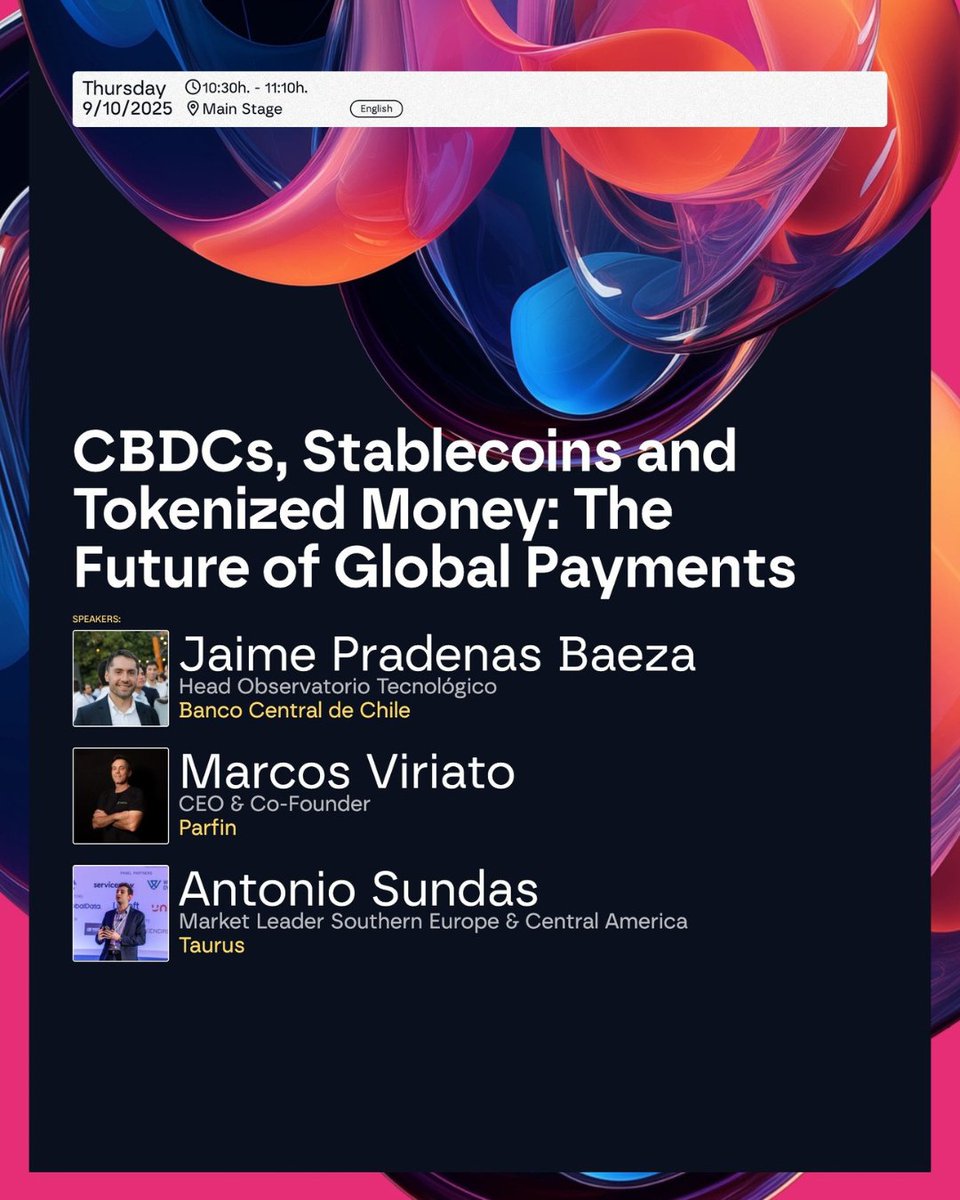 taurus_hq's tweet image. On Oct 9, Antonio Sundas, Market Leader at Taurus, will join Banco Central de Chile and Parfin on the Main Stage at @mmerge_io to discuss CBDCs, stablecoins, and tokenized money, and their impact on global financial infrastructure.

➡️ Register here: eu1.hubs.ly/H0nqwWs0