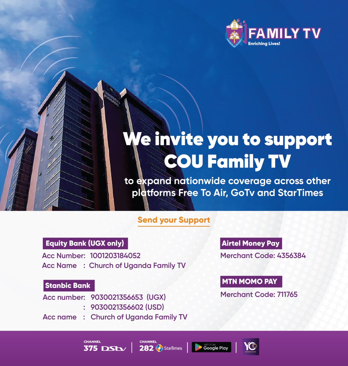 Your donation will greatly support the effort to expand family friendly and enriching programs to other platforms like Free-To-Air, GoTV and StarTimes. 
#supportCOUFamilyTV #EnrichingLives