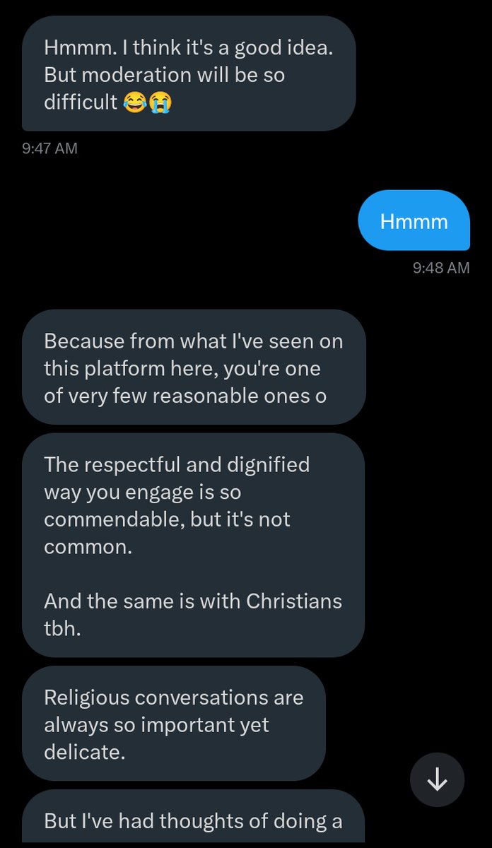 MasterMaliq's tweet photo. This month I reached out to a well-known pastor here on X about starting a weekly space to discuss religion, tolerance, and unity, and to fight misconceptions. He was hesitant at first but later agreed. He even suggested three Christians we could bring in, and asked me to find Muslims as well.

But just last night, he sent me a message (check the picture) explaining why he is still sceptical. His fear is clear: if he makes one honest point, some Muslims, especially extremists, will twist it, take offence, and call for his head in the name of the Prophet.

That fear says everything. Extremists have grown so loud that even peaceful dialogue feels dangerous. And that is exactly why these conversations must happen. If we keep quiet, extremists will keep ruling the stage with fear.