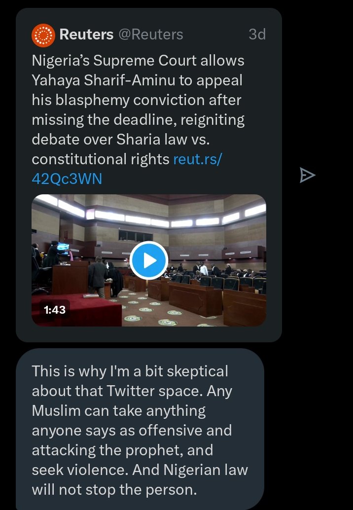 MasterMaliq's tweet photo. This month I reached out to a well-known pastor here on X about starting a weekly space to discuss religion, tolerance, and unity, and to fight misconceptions. He was hesitant at first but later agreed. He even suggested three Christians we could bring in, and asked me to find Muslims as well.

But just last night, he sent me a message (check the picture) explaining why he is still sceptical. His fear is clear: if he makes one honest point, some Muslims, especially extremists, will twist it, take offence, and call for his head in the name of the Prophet.

That fear says everything. Extremists have grown so loud that even peaceful dialogue feels dangerous. And that is exactly why these conversations must happen. If we keep quiet, extremists will keep ruling the stage with fear.