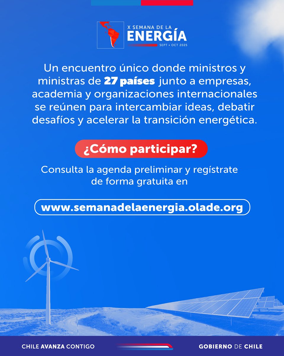 ⚡️Comenzamos la cuenta regresiva para la #XSemanaDeLaEnergia2025 de
<a href="/OLADEORG/">OLADE</a>

🌎 Esta instancia reunirá a líderes, expertos y los principales tomadores de decisión del sector público y privado del sector.  

📲Inscríbete gratis en → semanadelaenergia.olade.org