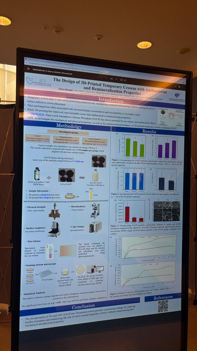 تبارك كلية #طب_الأسنان لطبيبة الإمتياز 

د.غنى الحميد

وفريقها البحثي بفوزهم بالمركز الأول 🥇بمسابقة الملصقات العلمية بـ #المؤتمر_السعودي_العالمي_للاستعاضة_السنّية 2025 والمقام في مدينة الرياض.

بعنوان:
The Design of 3D-Printed Temporary Crowns with Antibacterial
and
