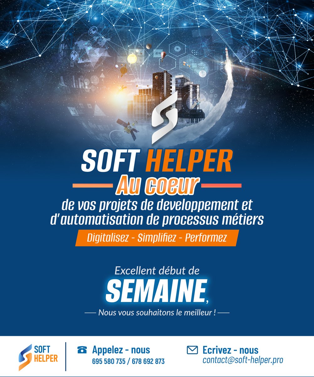 SoftHelpercm's tweet photo. 🚀 Happy New Week!
With Soft Helper, your development projects are at the heart of our mission.
➡️ Digitize | Simplify | Perform
---
🚀 Bon début de semaine !
Avec Soft Helper, vos projets de développement sont au cœur de nos priorités.
➡️ Digitalisez | Simplifiez | Performez https://t.co/tZNY5I9qIb