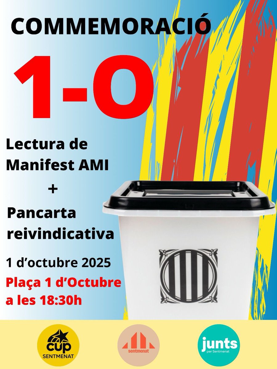 JxSentmenat's tweet photo. El camí no és fàcil, però és col·lectiu. L’1 d’octubre ens va ensenyar que quan el poble es posa dempeus, cap força el pot fer retrocedir. Amb la mateixa determinació, enguany renovem el compromís de treballar des dels nostres municipis per un futur lliure,just i plenament català https://t.co/nSZQxefc2W