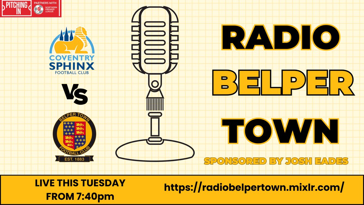 Tomorrow live commentary is back!
<a href="/CoventrySphinx/">Coventry Sphinx FC</a>  vs <a href="/BelperTownFC/">𝗕𝗲𝗹𝗽𝗲𝗿 𝗧𝗼𝘄𝗻 | 𝟣𝟪𝟪𝟥</a> in the Pitching In Northern Premier League Midlands.
Tune in from 19:40 for all of the action live from Sphinx drive from myself and <a href="/chrisnelson147/">Chris Nelson</a>