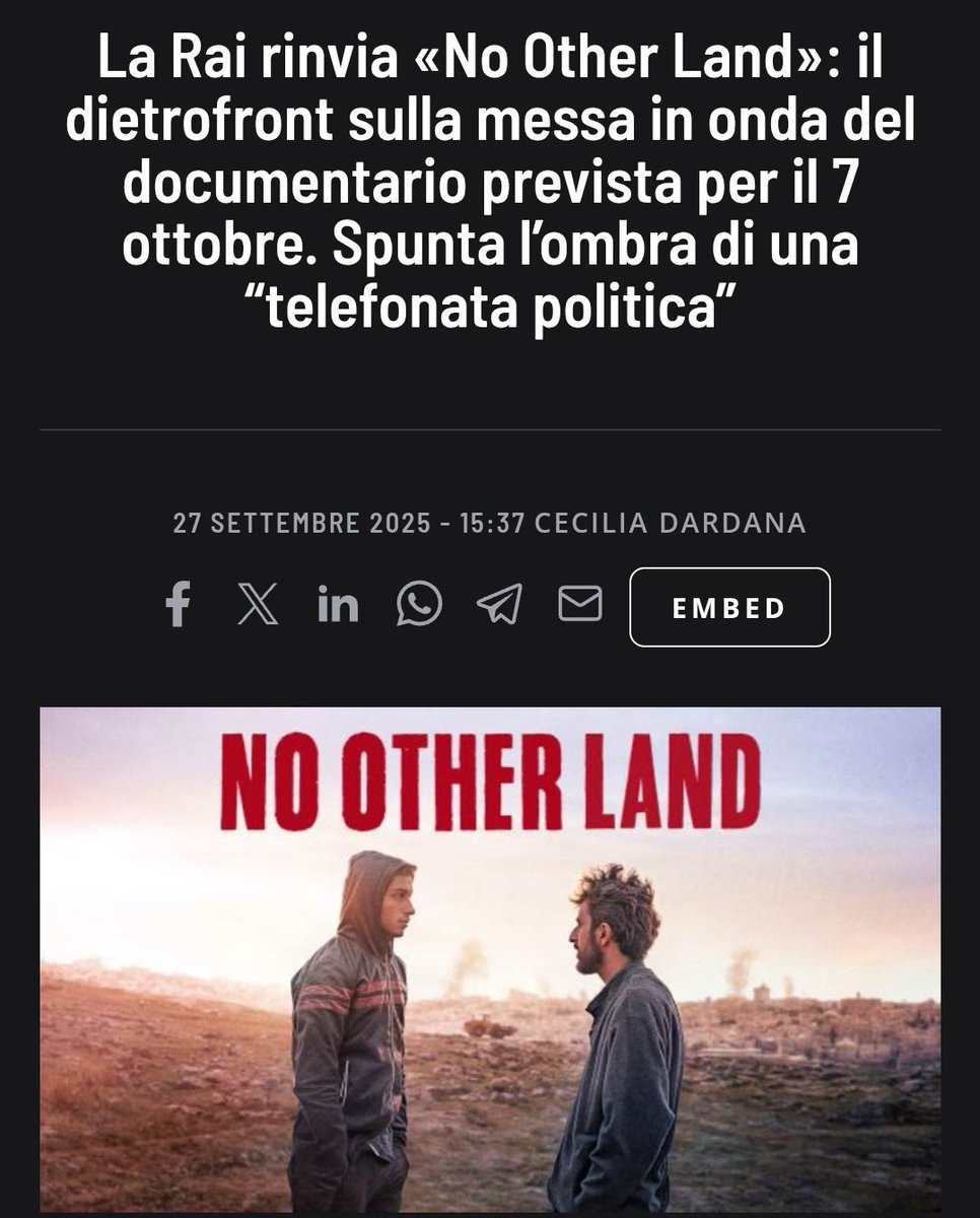 No, non chiamatela #censura... 
È un "suggerimento" /s

👉La Rai rinvia la messa in onda (già prevista per il 7 ottobre) del documentario vincitore del premio Oscar «No Other Land» dopo una "telefonata politica".

1/