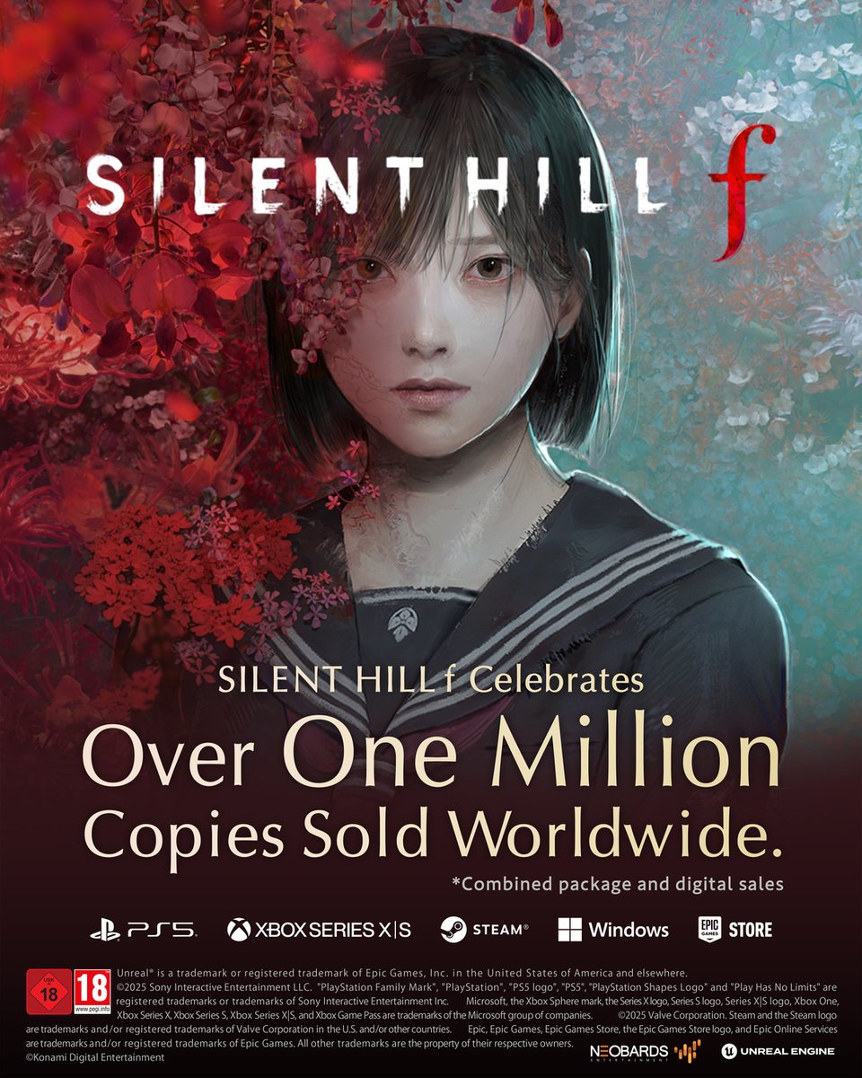 KONAMI_ES's tweet image. ¡SILENT HILL f ​​ha vendido más de un millón de copias en todo el mundo!*

Nuestro más sincero agradecimiento por el cariño y apoyo que los fans de SILENT HILL han mostrado a este último capítulo.

*A fecha de 26/09/2025, según seguimiento interno
#SILENTHILL #SILENTHILLf #konami