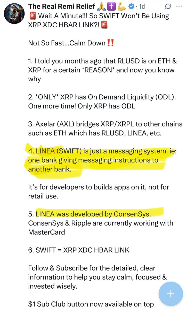 RemiReliefX's tweet image. 🚨SWIFT is a two part System…messaging and liquidity🚨

I told you the other day ConsenSys was the one behind LINEA for SWIFT messaging 

XRP is for the liquidity. 

If SWIFT didn’t use XRP, Ripple would eventually take it over since they are the ones that hold the patent to…