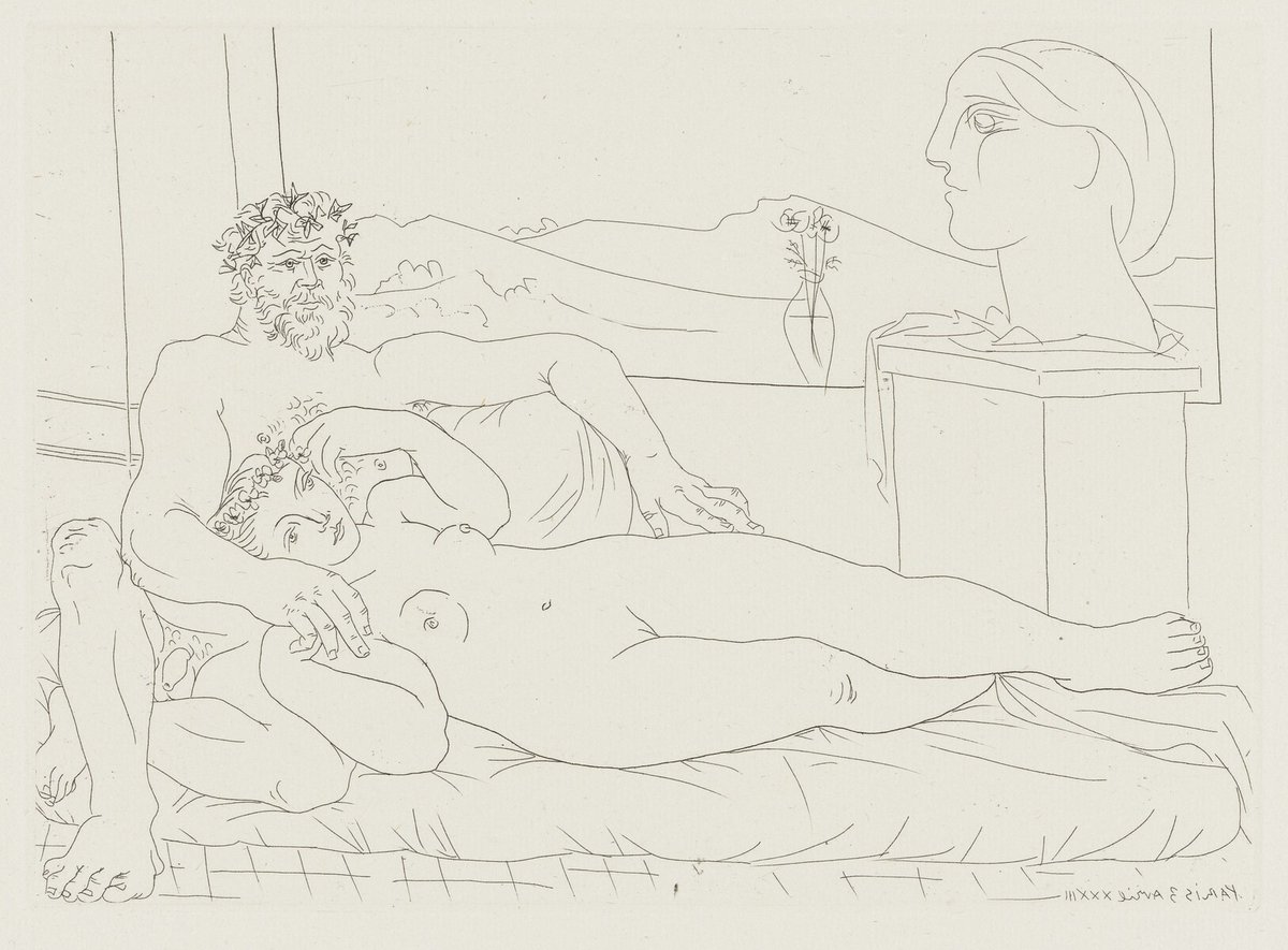 Old Sculptor and Young Model with the Sculpted Portrait of the Model (Vieux sculpteur et jeune modèle avec le portrait sculpté du modèle) from the Vollard Suite (Suite Vollard), 1933, published 1939 #artbots #picasso