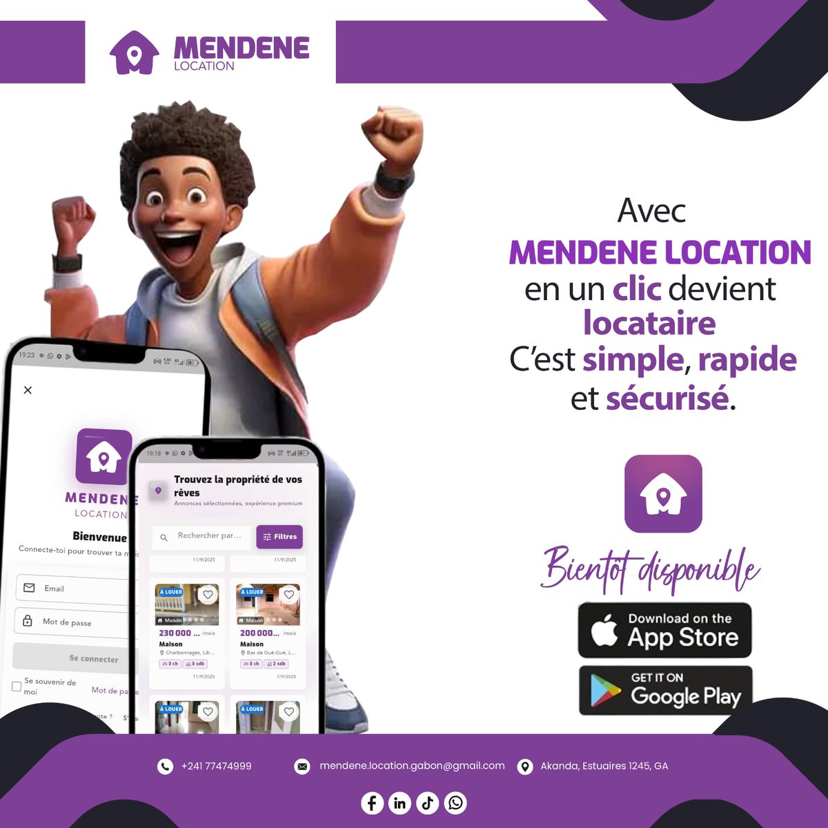 Fini le stress de la recherche ! 🥳 Avec Mendene Location, devenir locataire c'est un clic, un appartement. C'est simple, rapide et sécurisé.

Bientôt dispo sur App Store et Google Play ! 📲 #MendeneLocation #Logement #Gabon #Appli