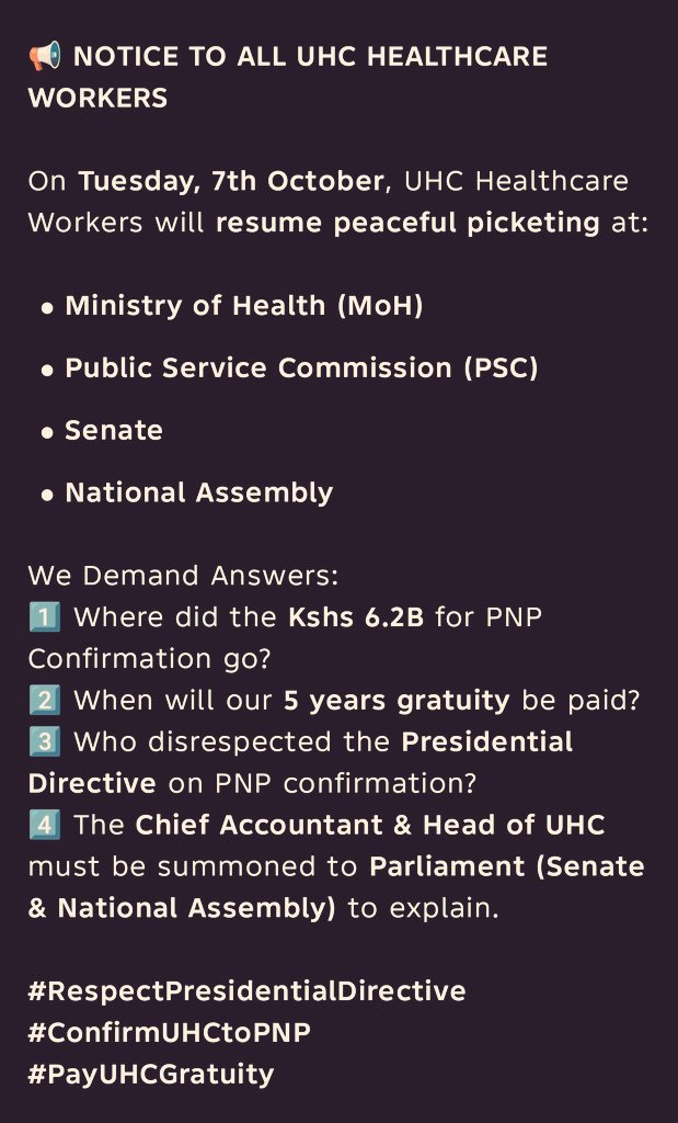 TUESDAY! 

#RespectPresidentialDirective

#ConfirmUHCtoPNP

#PayUHCGratuity

<a href="/scherargei/">Senator Kiprotich Arap Cherargei</a> 
<a href="/GvnMandago/">Senator Jackson Mandago, EGH</a> 
<a href="/NyikalDr/">Dr. Nyikal</a> 
<a href="/WilliamsRuto/">William Samoei Ruto, PhD</a> 
<a href="/fnoluga/">Dr. Ouma Oluga, OGW</a> 
<a href="/HonAdenDuale/">Hon. Aden Duale, EGH</a> 
<a href="/psmuthoni/">Mary Muthoni Muriuki, CBS, HSC</a> 
<a href="/SamuelAtandi/">Hon Sam Atandi</a> 
<a href="/HonWetangula/">Rt.Hon.Dr.Moses Wetang'ula</a>