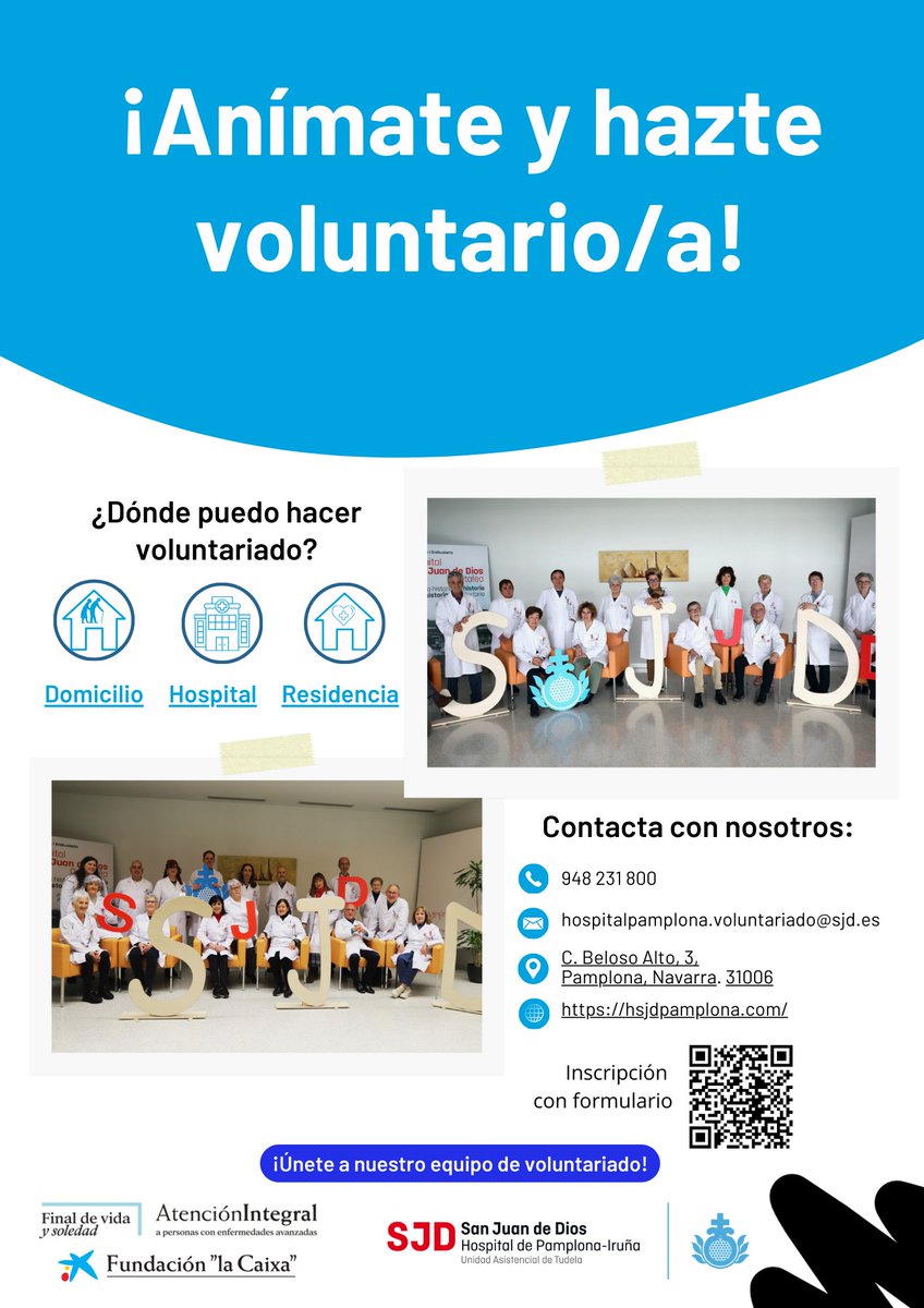 ¿Tienes unas horas a la semana?
🎗️ ¡Hazte voluntario/a en <a href="/HSJD_Pamplona/">Hospital San Juan de Dios Pamplona (Navarra)</a> !
Acompaña, escucha, transforma vidas.
Inscríbete: forms.office.com/e/6smQtUhC53?o…
📍 Hospital, domicilio o residencia
📞 948 231 800

<a href="/OHSanJuandeDios/">San Juan de Dios España</a>  <a href="/Voluntariado_na/">Voluntariado Navarra</a>