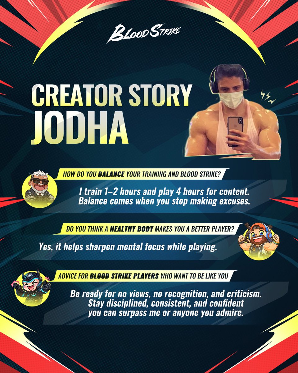 Creator Spotlight: Jodha 💪

Learn how he balances his intense physical training with hours of creating top-tier Blood Strike content. His message is all about discipline, consistency, and the confidence to surpass your idols. A true inspiration!

#BloodStrike #BS