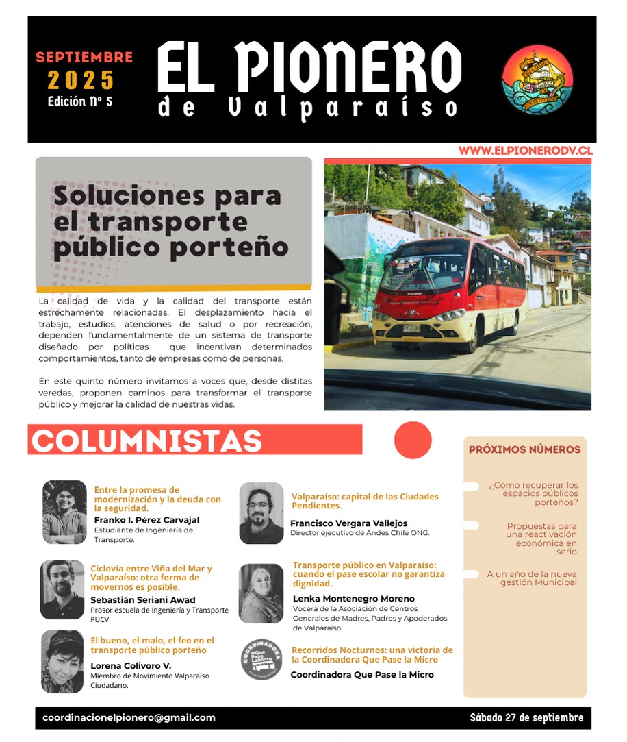elpionerovalpo's tweet photo. Ya puedes leer el N°5 de El Pionero de Valparaíso, titulado: “Soluciones para el transporte público porteño” en https://t.co/npGCWakinM

@Hoyospeatonales 
@pucvperiodismo 
@aamichell 
@parquecultural 
@PlazaWaddington 
@PlandeValpo https://t.co/K3B4Ldckut