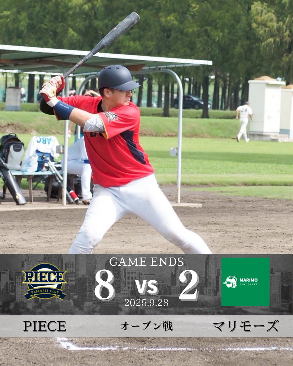 piece_baseball's tweet photo. 2025.9.28（sun）
オープン戦
🆚 マリモーズ 様

【 PIECE  8 - 2  マリモーズ 】
 Ｍ｜０００｜０００｜２｜２
 Ｐ｜００５｜００３｜Ｘ｜８

二塁打 : #18上島 
三塁打 : #99園田 
本塁打 : #22早坂 

C早坂 ー P松山→上島 https://t.co/L5aXzdcgM3