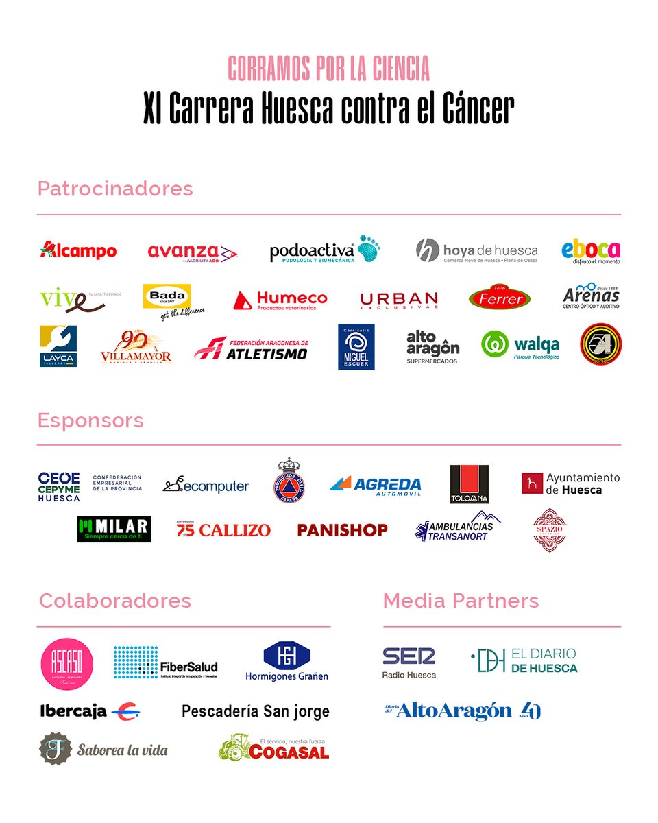 🎀 ¡Presentada la XI edición de la carrera '𝙃𝙪𝙚𝙨𝙘𝙖 𝙘𝙤𝙣𝙩𝙧𝙖 𝙚𝙡 𝙘𝙖́𝙣𝙘𝙚𝙧'.  

🗓️ Domingo, 19 de octubre.  

🕙 10h. 
 
INSCRIPCIONES ABIERTAS: 

📲  goo.su/IkTX 

 📍 Sede de la AECC en Huesca.  

¡𝐶𝑜𝑟𝑟𝑎𝑚𝑜𝑠 𝑝𝑜𝑟 𝑙𝑎 𝑐𝑖𝑒𝑛𝑐𝑖𝑎!