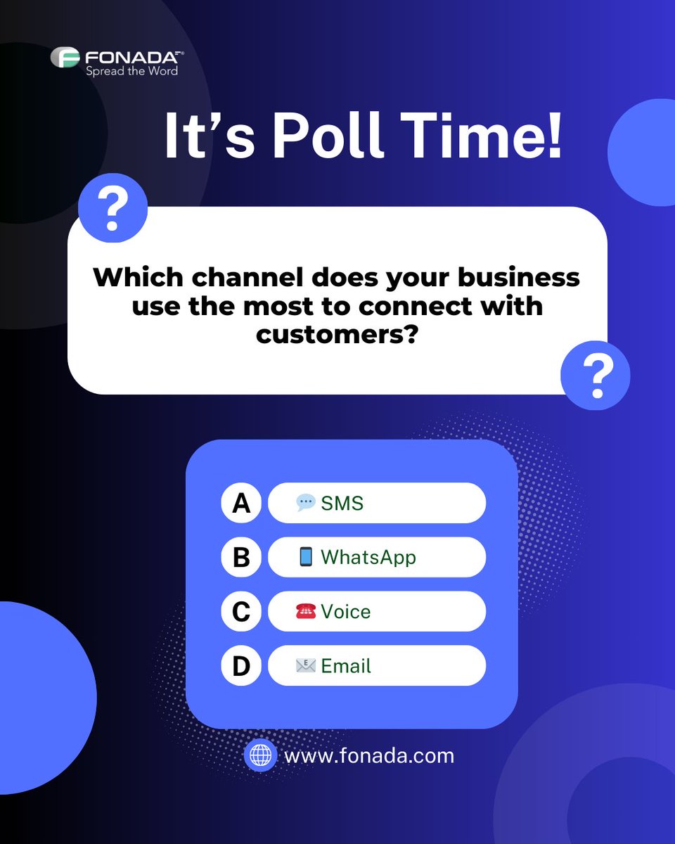 💬 SMS | 📱 WhatsApp | ☎️ Voice | 📧 Email
Which channel does your business use most? Comment below and see how others engage with customers! #CustomerEngagement #Poll #Fonada