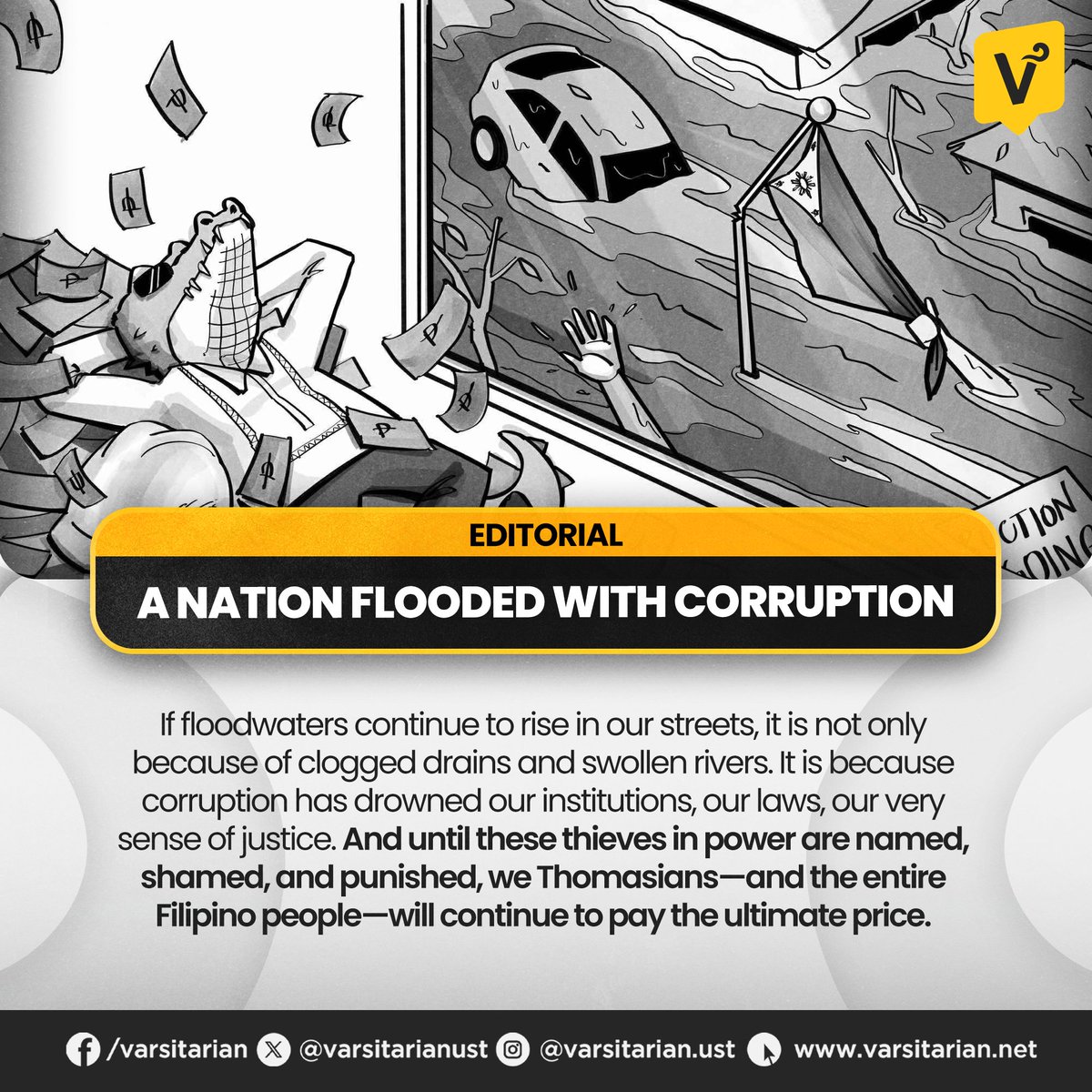 varsitarianust's tweet photo. #Editorial: We should be angry because this is not mere inefficiency—it is premeditated betrayal. Corrupt officials knew exactly what they were doing when they signed padded contracts, approved substandard projects, and turned their backs on accountability. They chose greed over service, comfort over duty, theft over life itself.

READ: https://t.co/G08tWZtsIe