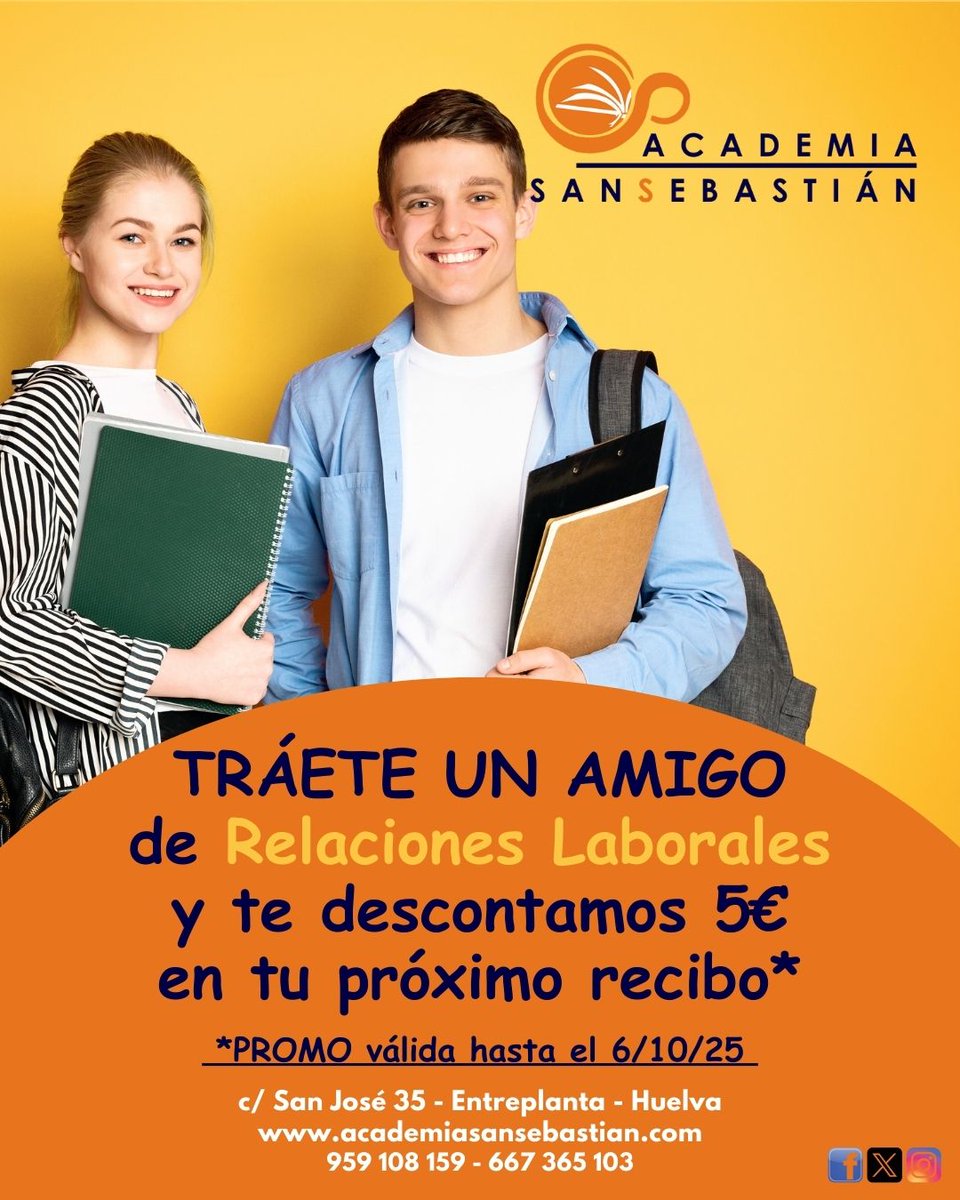 AcSanSebastian's tweet photo. 👉🏻𝗧𝗥Á𝗘𝗧𝗘 𝗨𝗡 𝗔𝗠𝗜𝗚𝗢 de Relaciones Laborales y te descontamos 5€ de tu próximo recibo😉👌🏻 

🔰 𝙇𝙖 𝘼𝙘𝙖𝙙𝙚𝙢𝙞𝙖 𝙙𝙚 𝙡𝙤𝙨 𝙀𝙨𝙩𝙪𝙙𝙞𝙖𝙣𝙩𝙚𝙨 𝙙𝙚 𝙃𝙪𝙚𝙡𝙫𝙖
☎ 667 365 103
💻https://t.co/4LFpZ7lxHC
#Universidad #PruebasDeAcceso #estudios #Huelva https://t.co/JsZvnikpii