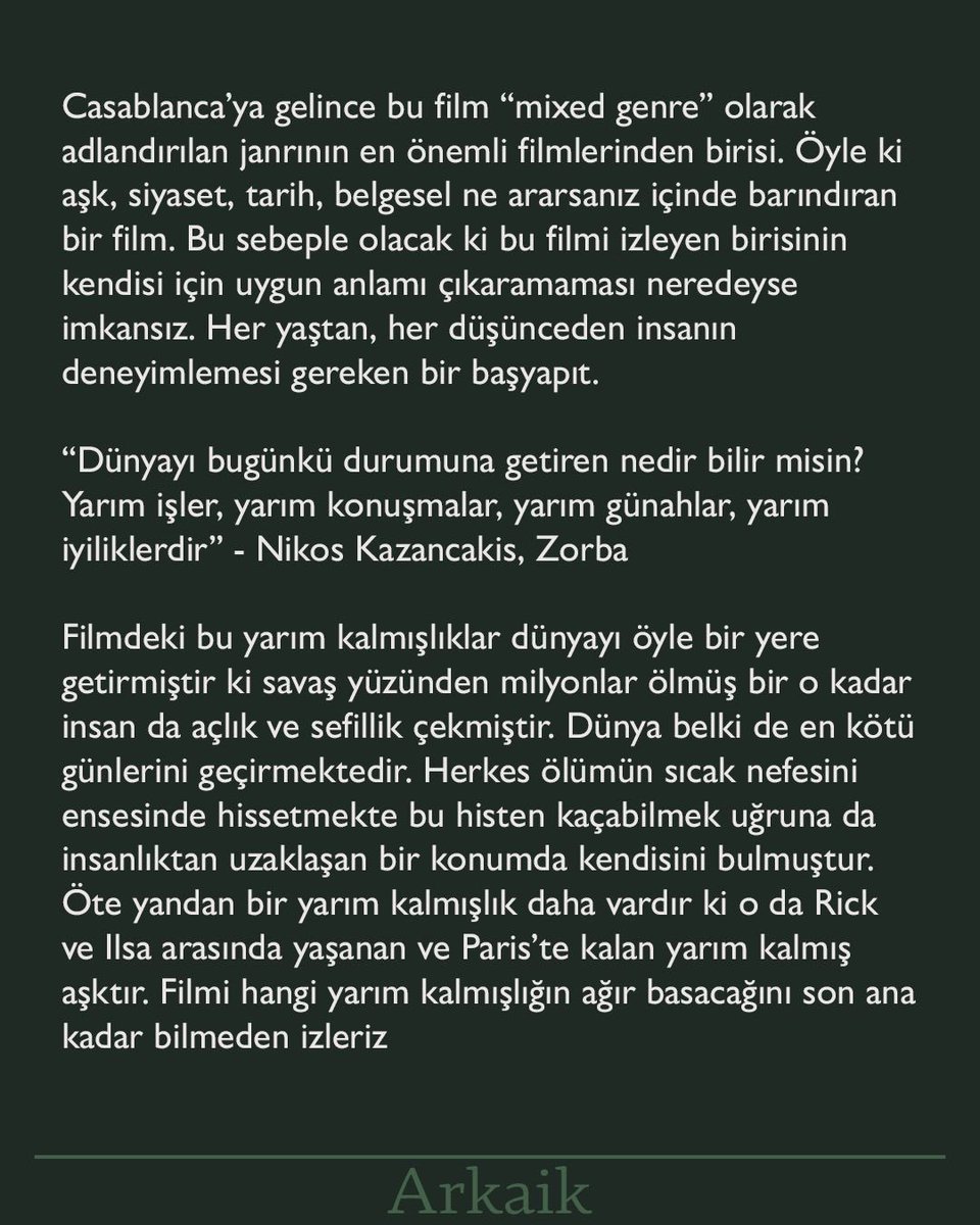 ArkaikSinema's tweet photo. Bahadır Koçak yazdı, Arkaik Sinema'nın Casablanca (1942) film okuması yayında! Yazının tamamına biyografideki linkten ulaşabilirsiniz.
"Paris hep bizim olacak."

#casablanca #michaelcurtiz #arkaiksinema #sinema https://t.co/QSOJlRZRex
