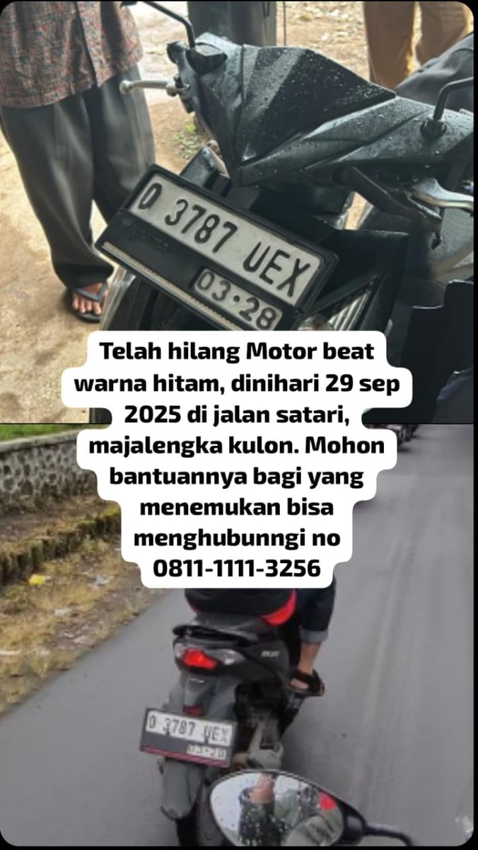 sunnysirens's tweet photo. INFO KEHILANGAN MOTOR
gais tolong barangkali di jalan ada yang nemu motor beat deluxe nopol D 3787 UEX di sekitaran majalengka atau cirebon, kuningan, indramayu please hubungi kontak tertera yaa gaiss. mohon bantuannya semuaaa 🥺🙏 https://t.co/BK3xj4sJTe