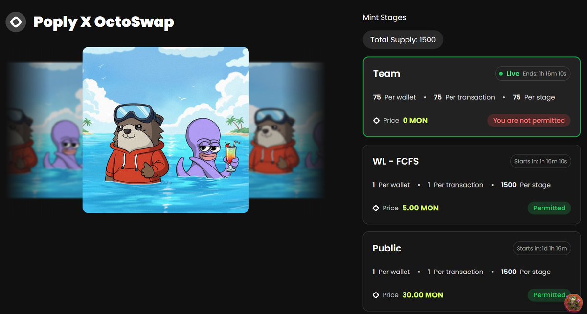 In 1 hour there will be a Poply x Octoswap NFT mint. If you already joined and got the WL, get ready to mint your NFT
<a href="/OctoSwapDex/">OctoSwap 🐙</a> <a href="/poply_xyz/">Poply ✨ | Monad NFT Marketplace</a>