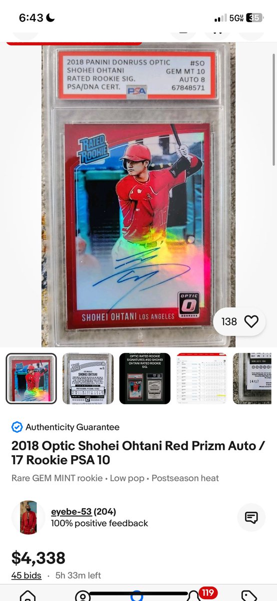 surgieboi's tweet image. 💥💥💥 buyer beware 💥💥💥

pro tip:

— always check the cert

attached is a counterfeit PSA slab of Ohtani that’s over $4k in bids on eBay 👀 also attached are screenshots from the PSA app of the actual card and certification 👮

@CardPurchaser @Hobby_News_Plus @PCOregonDucks2