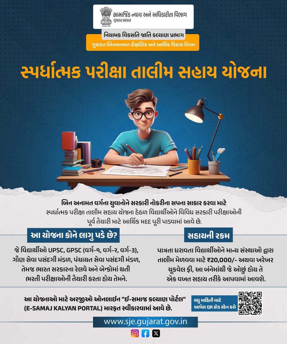 SJEDGujarat's tweet image. સ્પર્ધાત્મક પરીક્ષા તાલીમ સહાય યોજના

આ યોજના અંતર્ગત, UPSC, GPSC (વર્ગ-1, 2, 3) ગૌણ સેવા પસંદગી મંડળ, પંચાયત સેવા પસંદગી મંડળ તેમજ ભારત સરકારના રેલવે અને બેન્કોમાં થતી ભરતી પરીક્ષાઓની પૂર્વ તૈયારી કરતા વિદ્યાર્થીઓને માન્ય સંસ્થાઓ પાસેથી તાલીમ મેળવવા માટે ₹20,000/- અથવા ખરેખર…