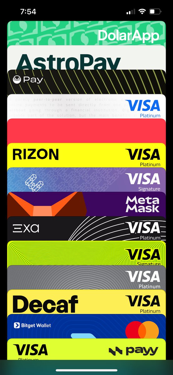 when you’re designing your own branded stablecoin card, you need to think about the “stacked wallet view.”

Let’s see my x cards in Apple Pay:
<a href="/getdolarapp/">DolarApp</a> 
<a href="/AstroPay_OK/">AstroPay</a> 
<a href="/gnosispay/">Gnosis Pay 🦉💳</a> 
???? 
????
<a href="/getrizon/">RIZON</a> 
<a href="/EtherFi/">ether.fi</a> 
<a href="/MetaMask/">MetaMask.eth 🦊</a> 
<a href="/Exa_App/">Exa App 𝚵</a> 
????
????
<a href="/Decaf_so/">Decaf ☕</a> 
<a href="/bitgetglobal/">Bitget</a>