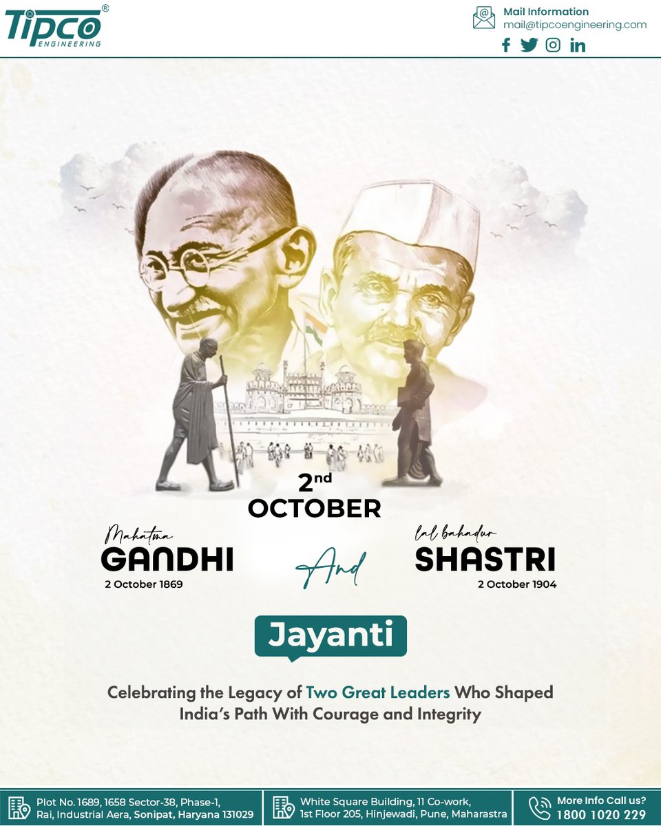 tipcoengineer's tweet image. 🙏 On this day, we honor two great leaders who shaped India with truth, simplicity, and courage – #MahatmaGandhi  & #LalBahadurShastri Ji.
Their values of non-violence, honesty, and "Jai Jawan Jai Kisan" continue to inspire us to build a stronger and united #nation. 🇮🇳 #2october