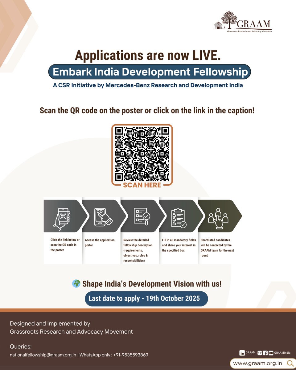 🚀 Applications are LIVE for the Embark India Development Fellowship! Shape India’s development journey.

📅 Apply by 19 Oct 2025 🔗 bit.ly/4pMQBvP | 📱 Scan QR
#Fellowship #Governance #YouthForChange #Nationalfellowship