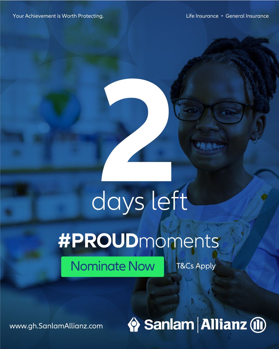 PulseGhana's tweet image. Just 2 days left to make someone’s proud moment part of the #PROUDmoments campaign.

👉 Nomination link  here: gh.sanlamallianz.com/proud-moment

#featuredpost #proudmomentsaba