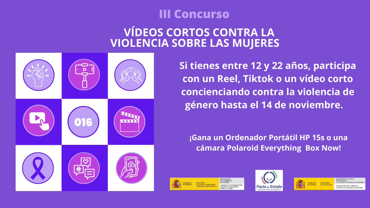 🎬 ¿Tienes entre 12 y 22 años? 
¡Ya está aquí la III Edición del concurso de vídeos cortos contra la violencia hacia las mujeres organizado por <a href="/DGobiernoMadrid/">Delegación del Gobierno en Madrid 🏛️</a>!
Puedes enviar tu vídeo hasta el 14 de noviembre.

ℹ Todos los detalles aquí: mpt.gob.es/portal/delegac…
