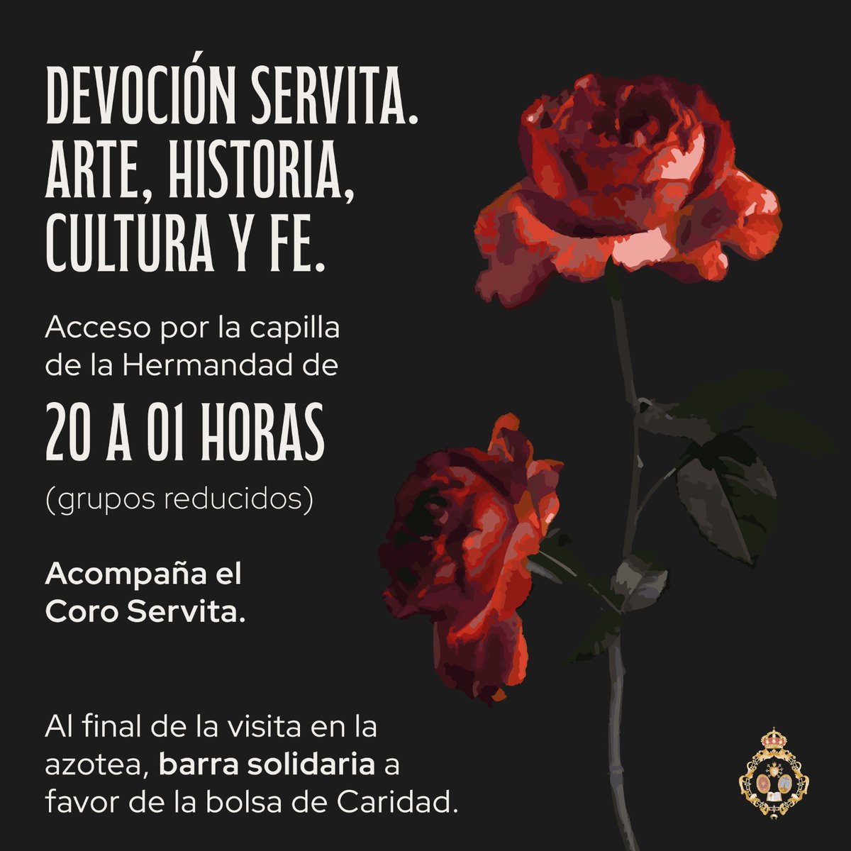Recordamos que el próximo viernes 3 de octubre, nuestra Hermandad participará en una nueva edición de La Noche en Blanco.

La Capilla y la Casa Hermandad permanecerán abiertas de 20:00h a 01:00h, ofreciendo un recorrido histórico y explicativo por nuestra sede, acompañando