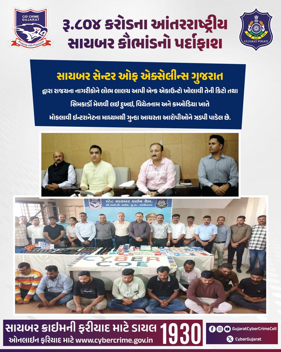 State Cyber Crime Cell, Gujarat. (@cybergujarat) on Twitter photo સુરતમાં સાયબર ફ્રોડ આચરતા 10 અરોપીઓની Accounts Kit: 529,ATMs:447,SIM Cards:686,PoS Machines:16,Mobiles: 60,Laptops:2,Sound Boxes:11,QR Codes:17,Routers:1 મુદ્દામાલ સાથે ધરપકડ કરેલ છે.#FinancialFraud #CyberSecurity #LawAndOrder <a href="/sanghaviharsh/">Harsh Sanghavi</a> <a href="/vivekpbheda/">Vivek Bheda</a> <a href="/GujaratPolice/">Gujarat Police</a> <a href="/Cyberdost/">CyberDost I4C</a> સુરતમાં સાયબર ફ્રોડ આચરતા 10 અરોપીઓની Accounts Kit: 529,ATMs:447,SIM Cards:686,PoS Machines:16,Mobiles: 60,Laptops:2,Sound Boxes:11,QR Codes:17,Routers:1 મુદ્દામાલ સાથે ધરપકડ કરેલ છે.#FinancialFraud #CyberSecurity #LawAndOrder <a href="/sanghaviharsh/">Harsh Sanghavi</a> <a href="/vivekpbheda/">Vivek Bheda</a> <a href="/GujaratPolice/">Gujarat Police</a> <a href="/Cyberdost/">CyberDost I4C</a>