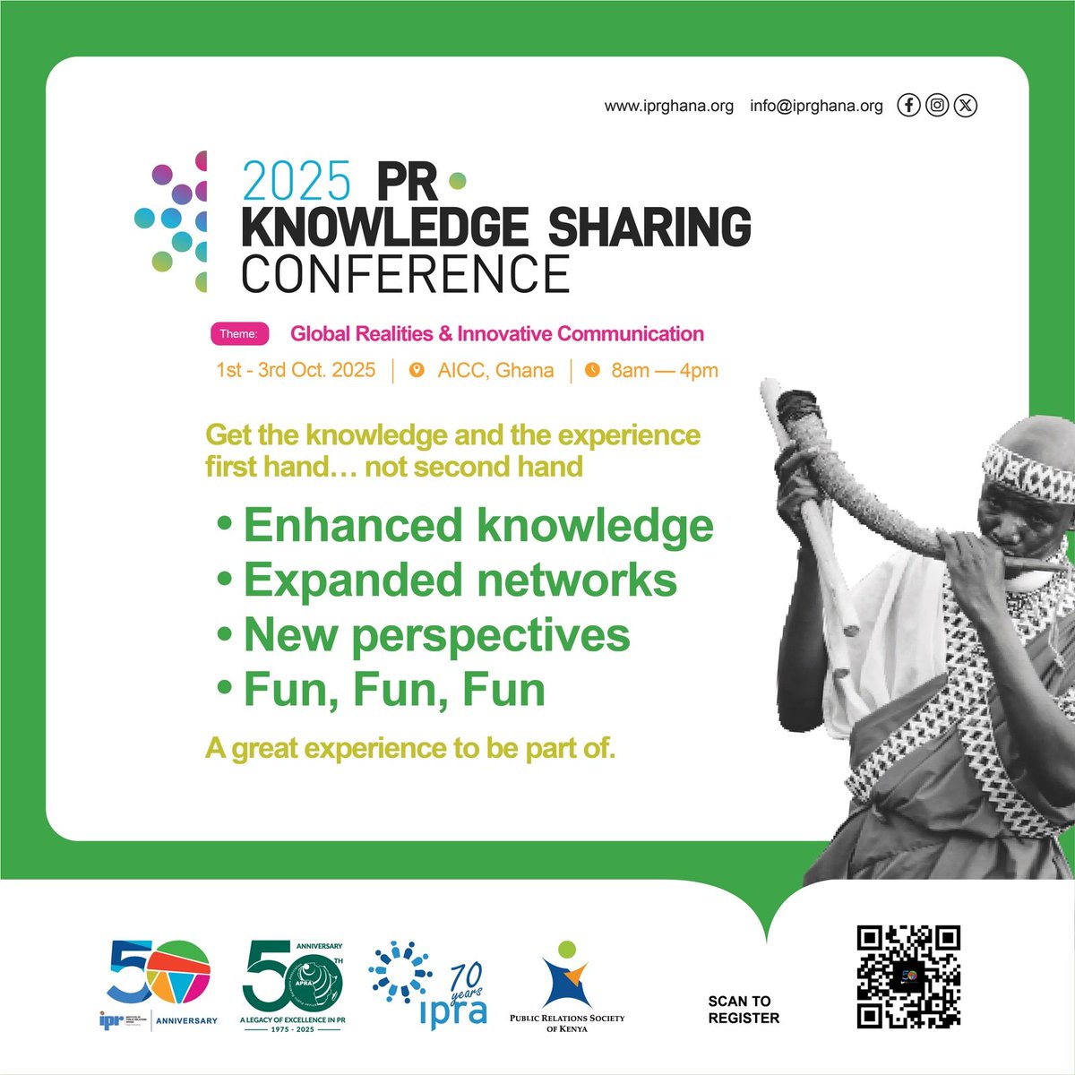 iprGhOfficial's tweet photo. The 2025 PR Knowledge-Sharing Conference is where knowledge grows, networks expand, and new perspectives take shape.
Date: 1st – 3rd Oct 2025 Venue: Accra International Conference Centre
Be part of it: https://t.co/muXA5cJhdI
#PRKnowledge2025 #IPRGhana #APRA #IPRA #PRSK https://t.co/o9CPxed9GA