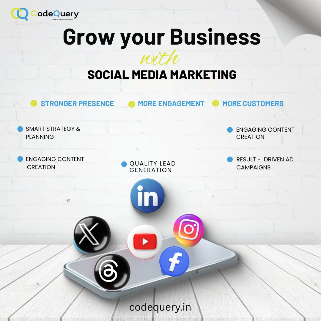 Codequery_'s tweet image. 🚀 Grow your business with **Social Media Marketing**!

At **CodeQuery**, we craft smart strategies, engaging content &amp;amp; result-driven campaigns to boost your brand’s digital presence. 📲

🌐 codequery.in
.
.
.
.
#SocialMediaMarketing #BusinessGrowth #CodeQuery