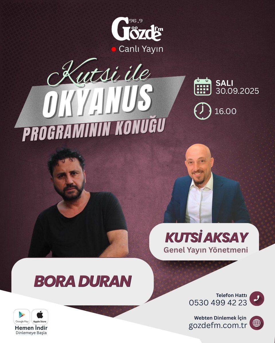 Yarın Salı günü Yalova Gözde FM de Kutsi ile Okyanus programının konuğu, Türk Pop Müziğinin önemli ismi Bora Duran. Yeni şarkısı #Birikmişyorgunluklarım şarkısının oluşum hikayesini anlatacak. Sadece Yalova’nın değil Tüm Türkiye’nin en önemli isimleriyle sizleri buluşturan Prag.