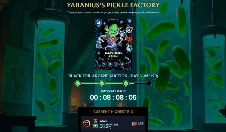 ⚔️🥒 The 5th Auction is LIVE! 🥒⚔️
 Mint #15 Black Foil Arcane Yaba’s Pickle is on the block today!

Only 20 exist… will you claim this exclusive piece of Splinterlands history? ⏳

The Chase is Real 🔥