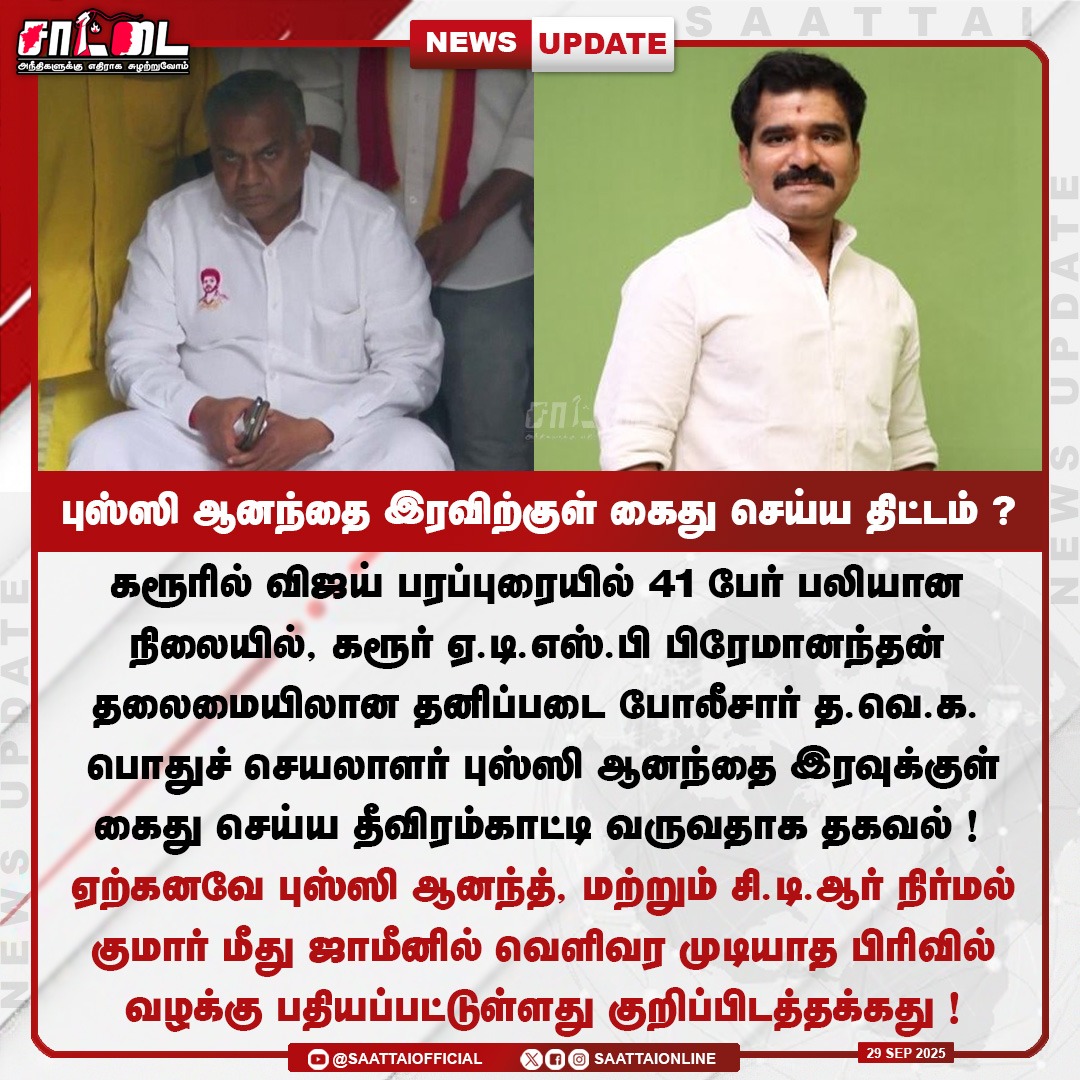 SaattaiOnline's tweet image. புஸ்ஸி ஆனந்தை இரவிற்குள் கைது செய்ய திட்டம்? |
@actorvijay @TVKVijayHQ 
#TNPolice #TVKStampede #VijayRally #bussyanand #Arrest_Vijay #KarurTragedy #saattai