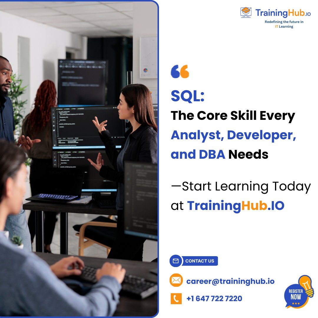 TrainingHubCAN's tweet image. SQL: The Core Skill Every Analyst, Developer &amp;amp; DBA Needs

At TrainingHub, we take you from basics to advanced data manipulation, helping you master the language of data.
 
Start today: zurl.co/hm0yk

#LearnSQL #SQL #DA #ForBeginners #DBMS #SQLServer #TrainingHub