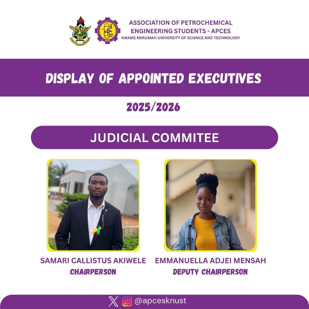 💜💛*DISPLAY OF APPOINTED EXECUTIVES* 💜💛

THE *BIG REVEAL* IS HERE❗👏🥳

We are excited to present the newly appointed Judicial Committee Heads of the *Baffoe-Solace Led  Administration*. 💯 

Congratulations on your appointment 🥳🎉
➖➖➖➖➖➖➖➖➖➖
APCES EXECUTIVES 25/26